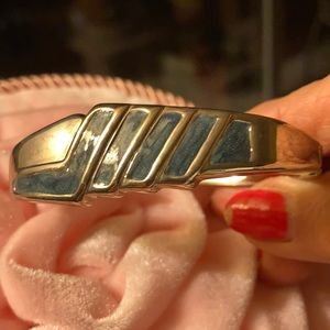 Silver tone and turquoise enamel hinged bracelet